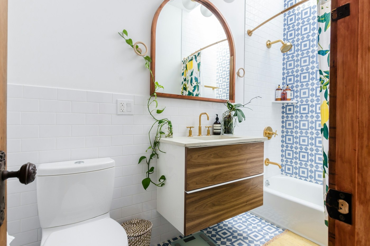 Bright white bathroom with blue patterned tile and a trailing green plant
