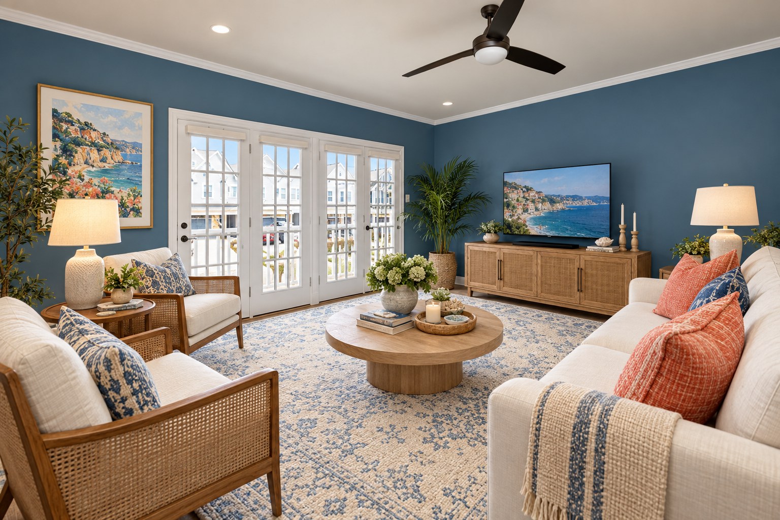 AI-generated example redesign with blue walls and warm wood furniture